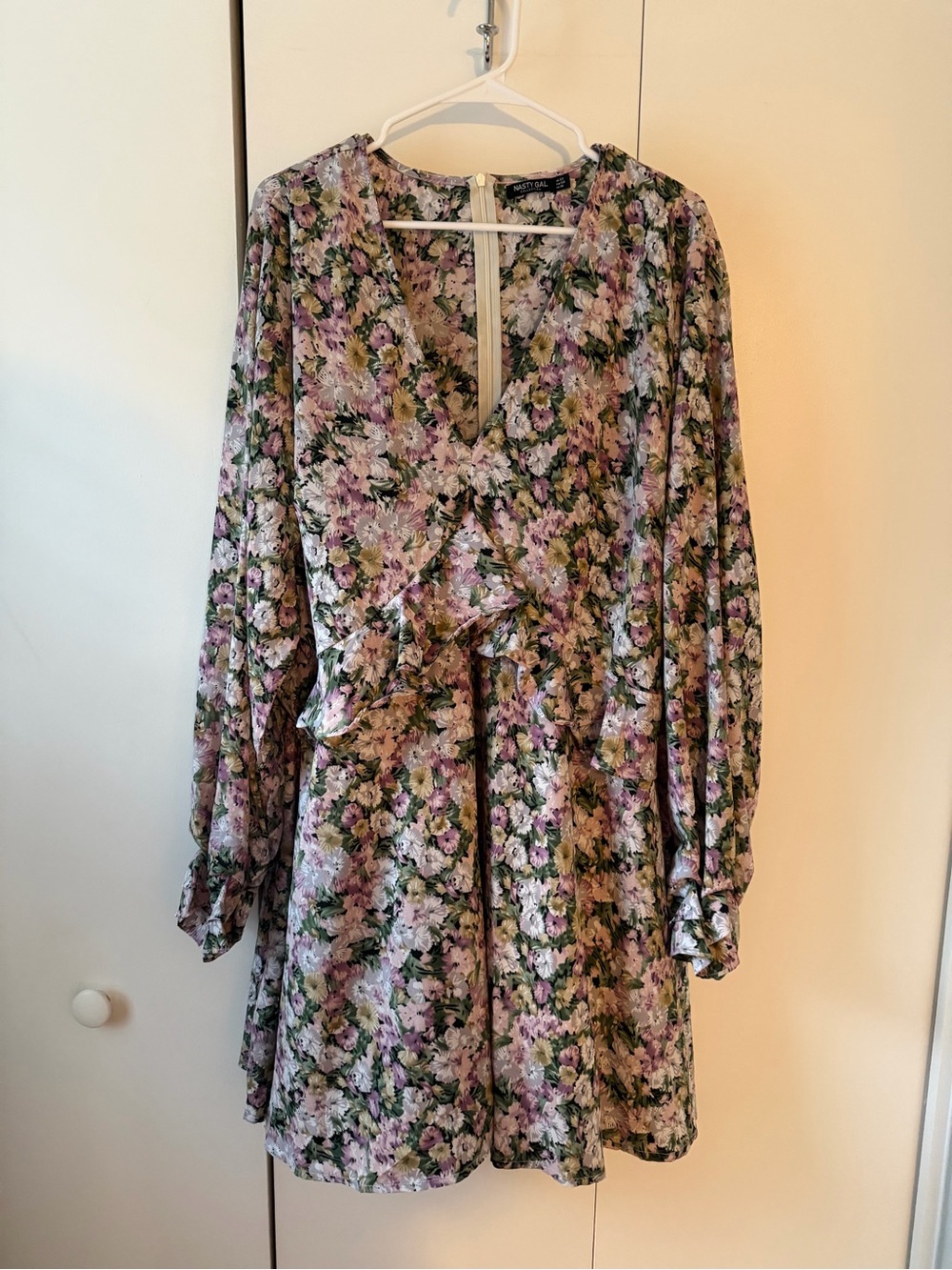 Purple floral dress with ruffle detail